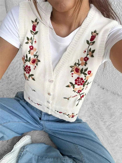 Embroidered Button Up Sweater Vest