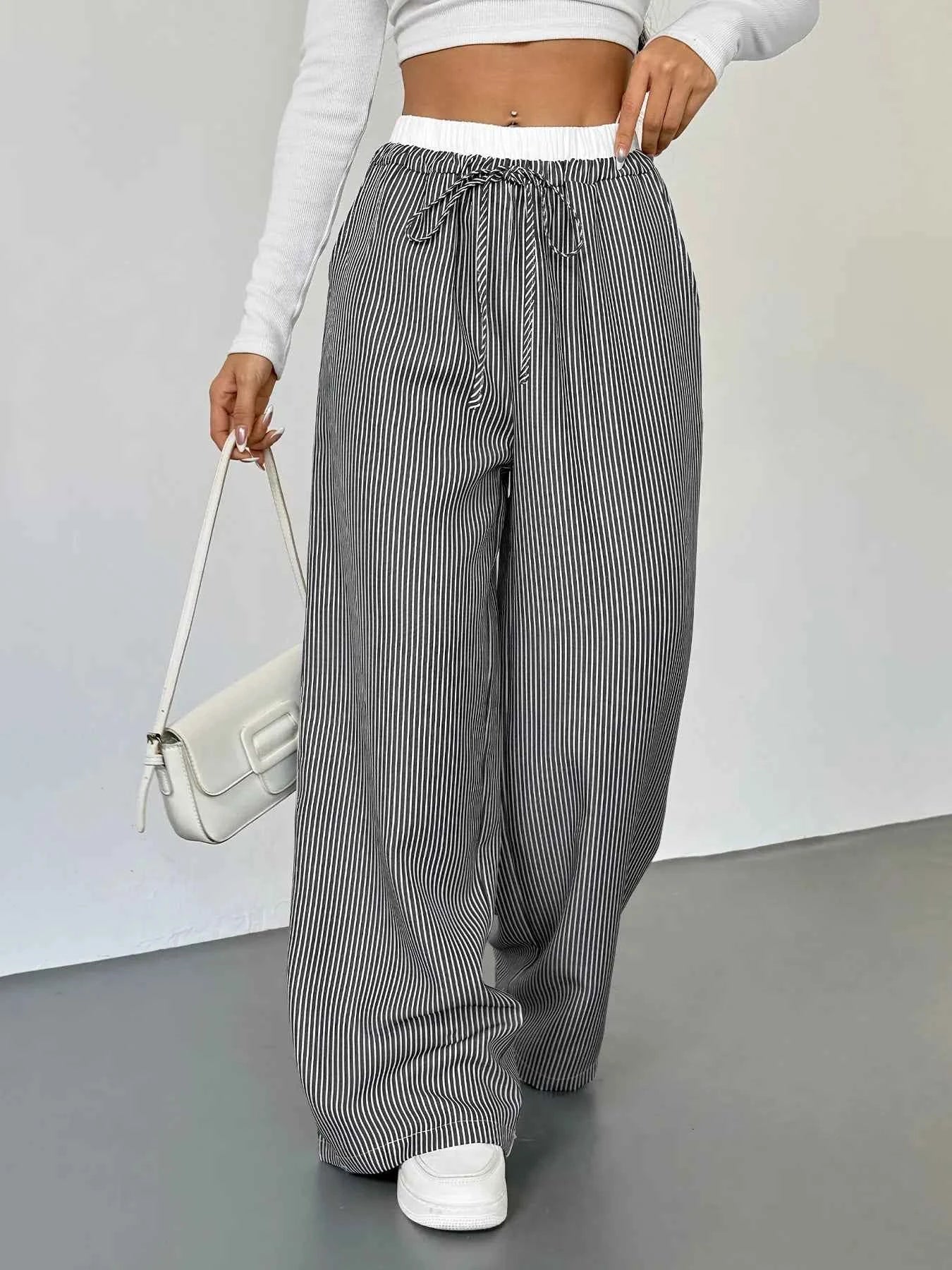 Striped Wide Leg Drawstring Pants