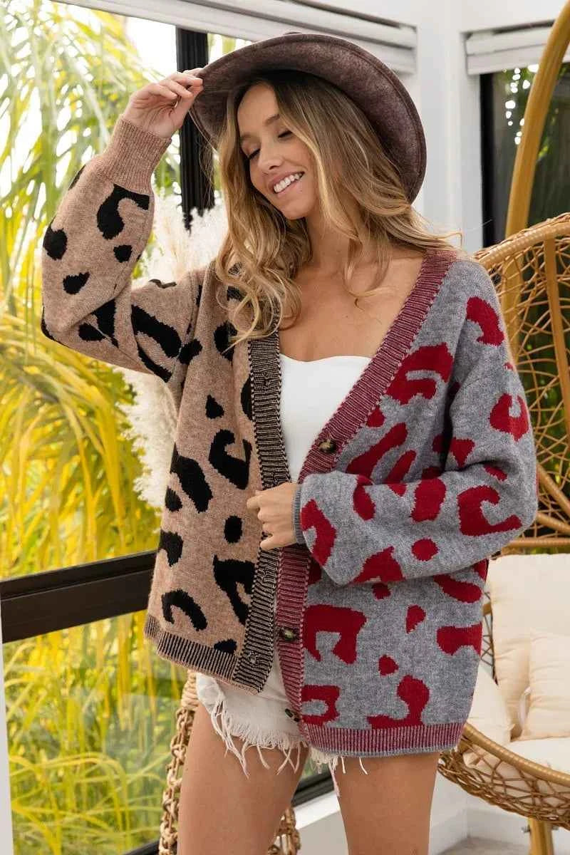 BiBi Leopard Color Block Button Down Sweater Cardigan