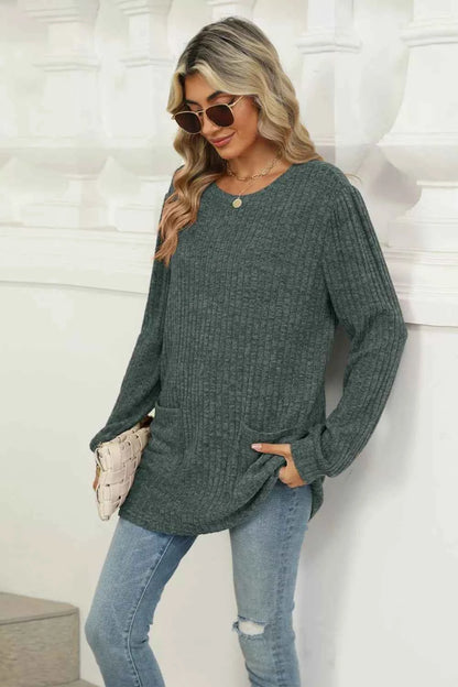 Long Sleeve Ribbed Knit Top with Front Pockets