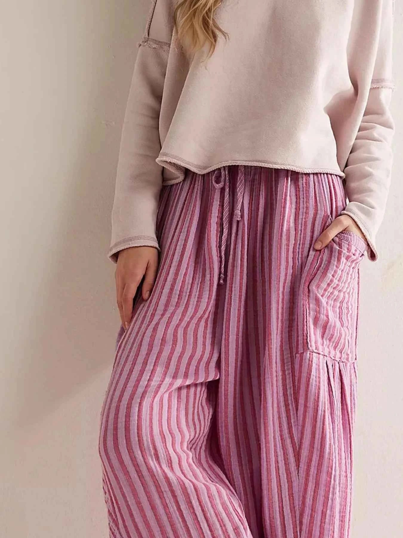 Full Size Striped Wide Leg Casual Pants Plus Size