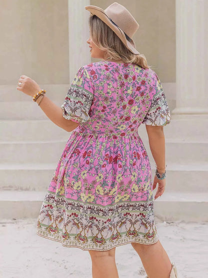 Plus Size Floral Print V-Neck Puff Sleeve Summer Dress