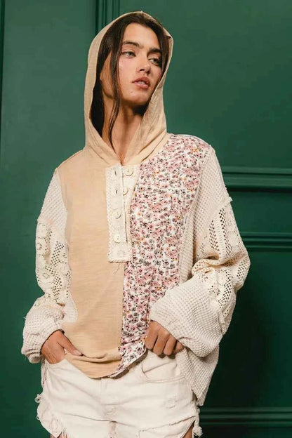 BiBi Slub Jersey with Lace Combo Buttoned Hoodie Top