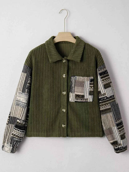 Ribbed Fleece Plaid Print Patchwork Button Up Jacket