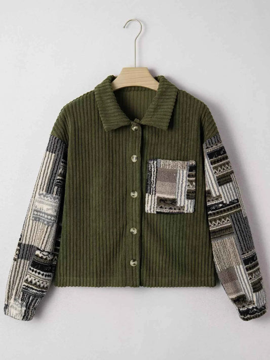 Ribbed Fleece Plaid Print Patchwork Button Up Jacket
