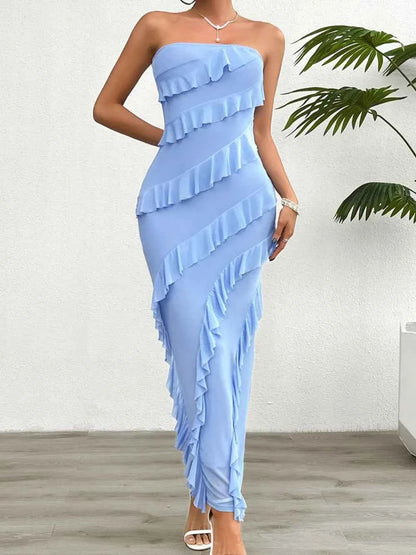 Ruffled Slit Back Tube Maxi Dress