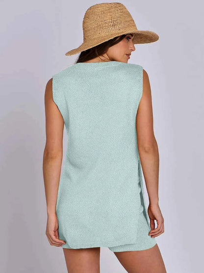 Side Slit Round Neck Tank and Ribbed Shorts Sweater Set