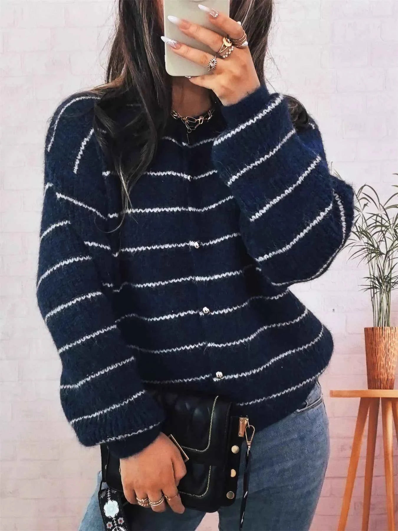 Striped Button Up Long Sleeve Cardigan