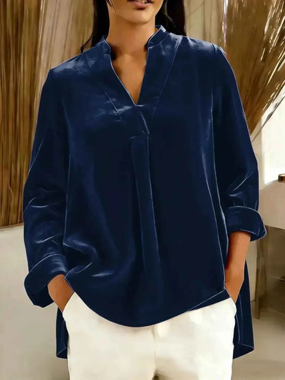 Full Size Velvet Notched Long Sleeve Blouse Plus Size
