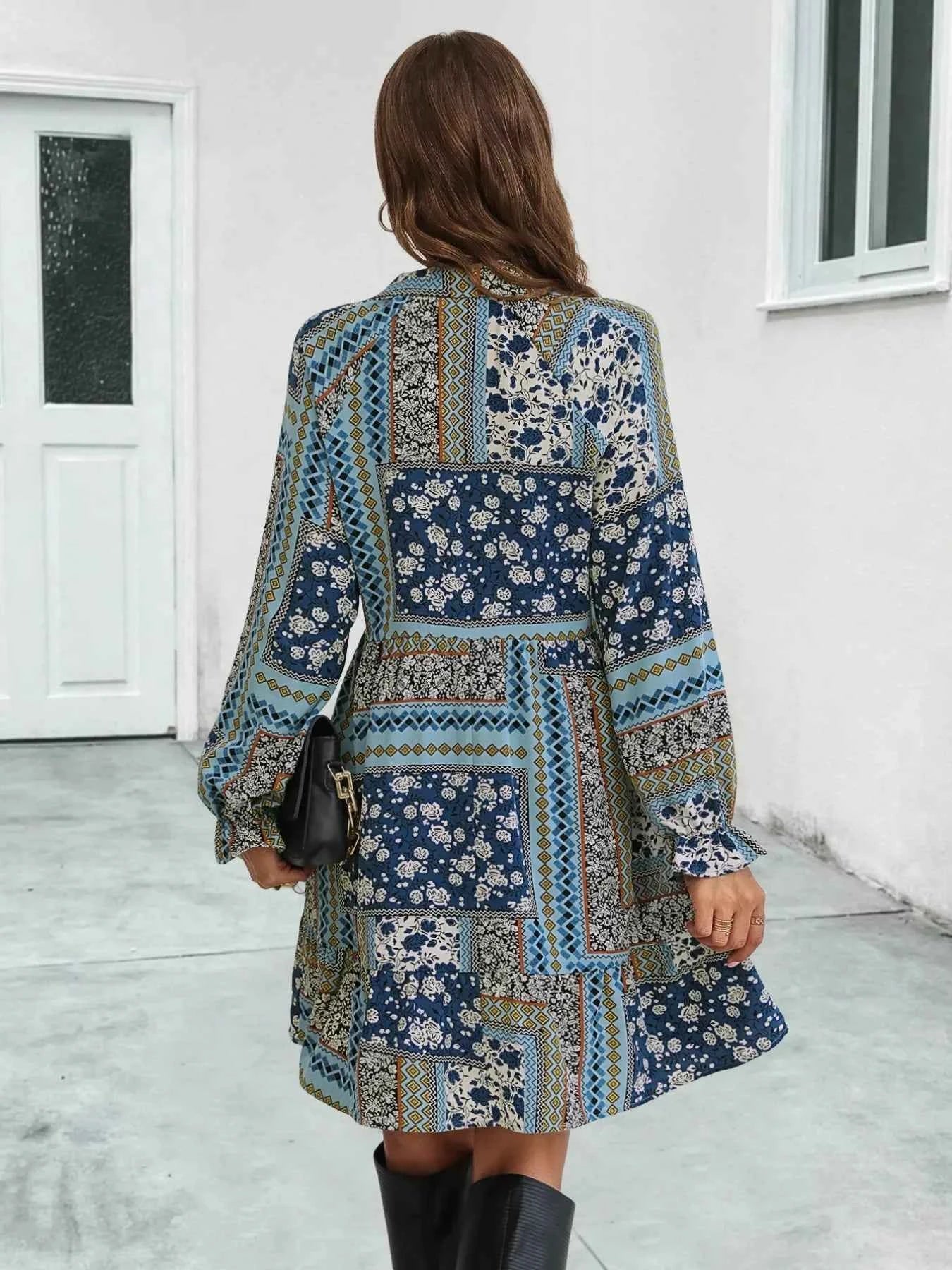 Boho Floral Print Long Sleeve Mini Dress