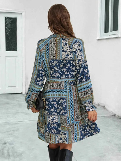Boho Floral Print Long Sleeve Mini Dress