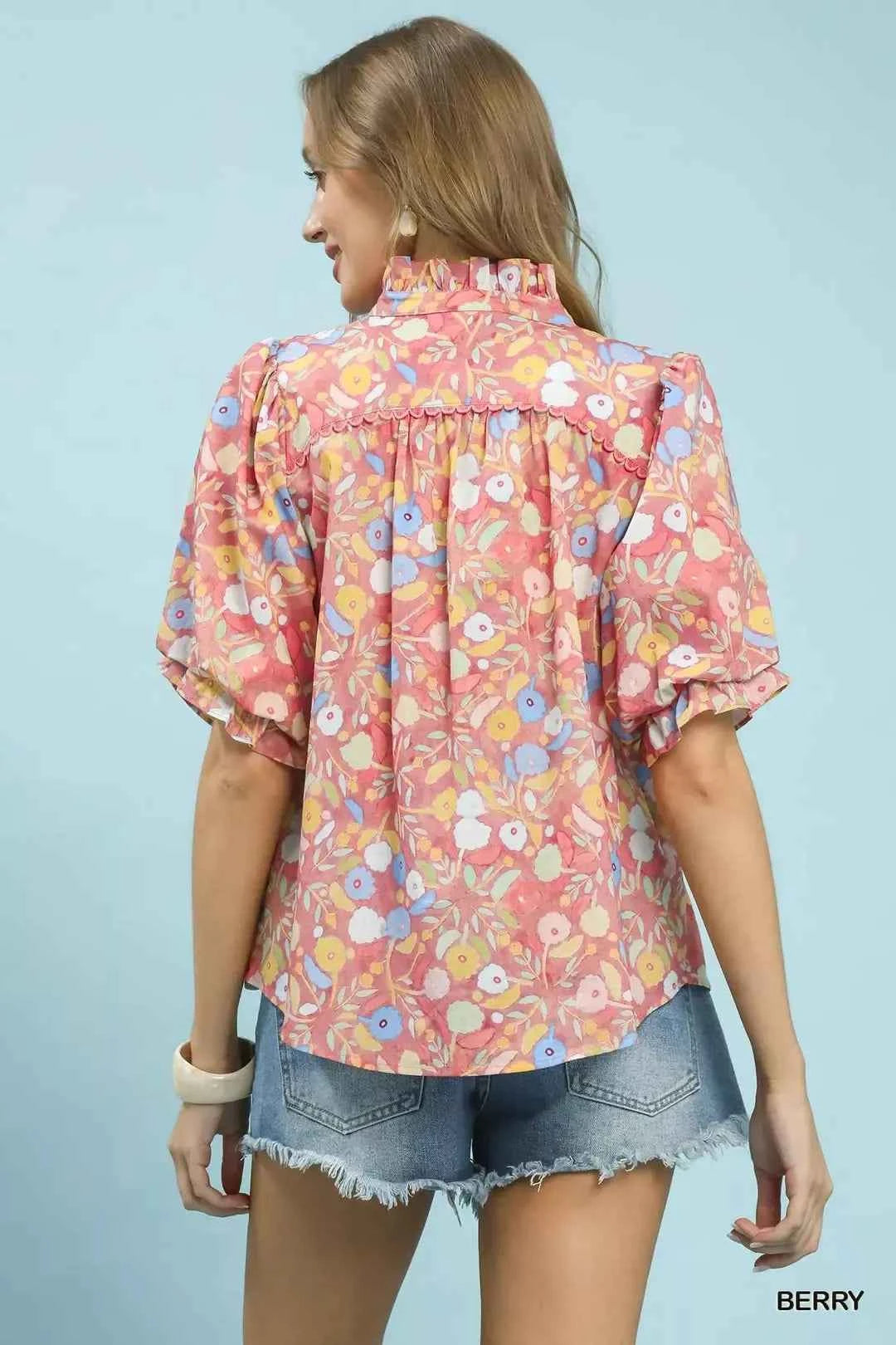 Umgee Smocked Floral Ruffle Trim Top