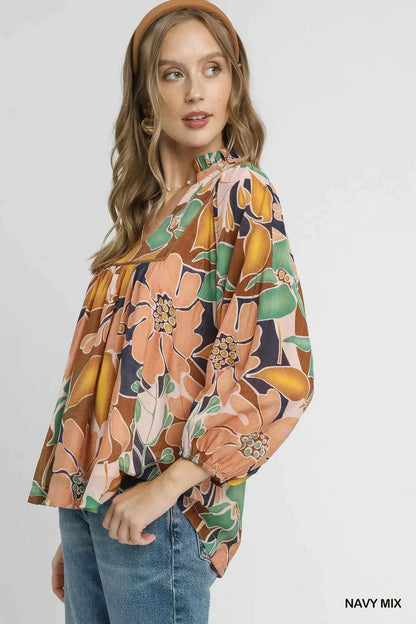 Umgee Multicolor Abstract Floral Print Blouse with Ruffle Neck