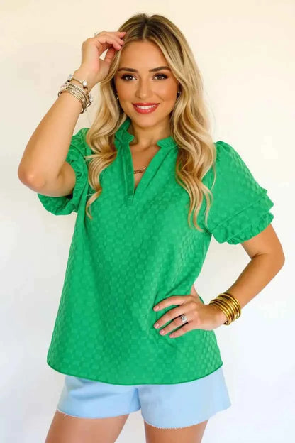 Oh Full Size Frill Notched Puff Sleeve Blouse