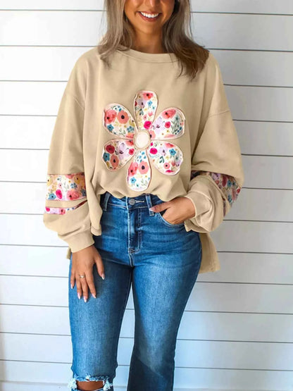 Plus Size Floral Applique Drop Shoulder Sweatshirt