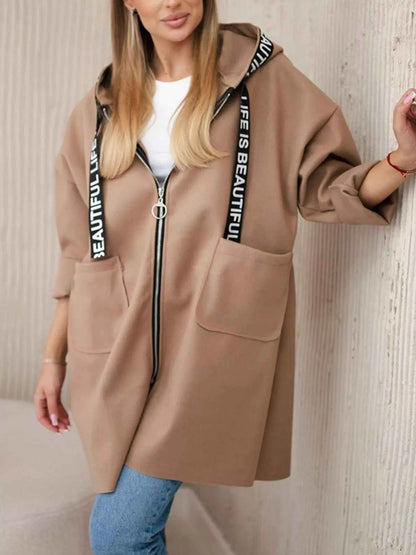 Full Size Hooded Zip-Up Longline Outerwear Plus Size
