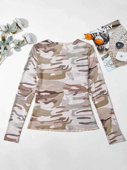 Camouflage Print Mesh Long Sleeve Top