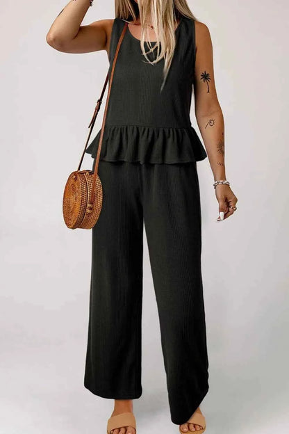 Color Ribbed Ruffle Tank Top and Pants Set