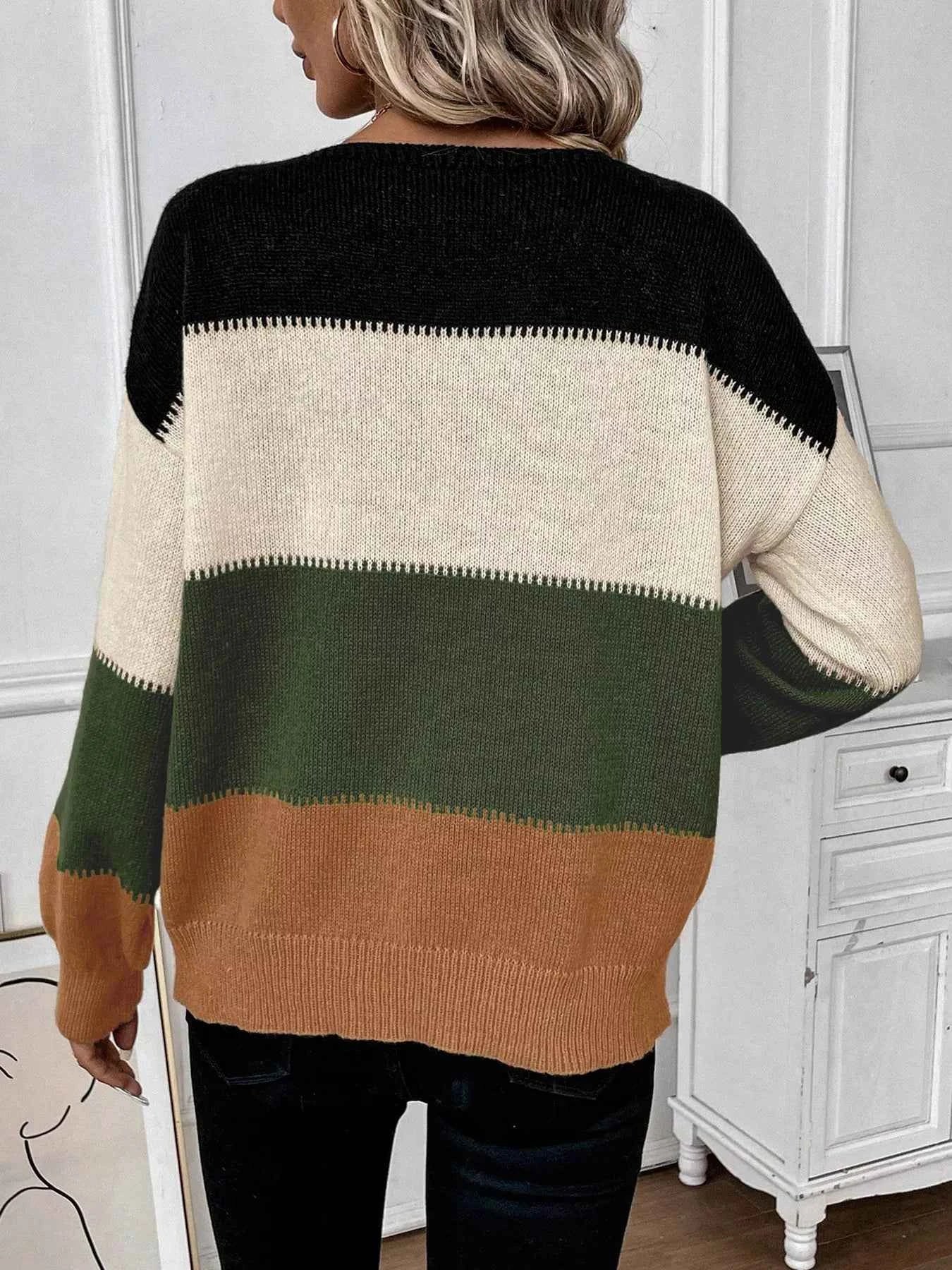 Color Block Round Neck Knit  Sweater