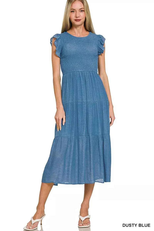 Zenana Woven Smocked Ruffle Sleeve Midi Dress