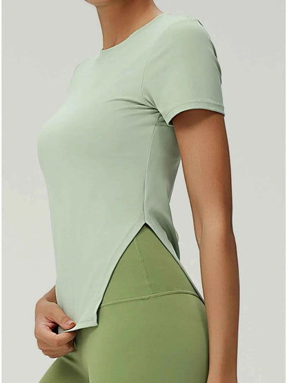 Full Size Slit Round Neck Short Sleeve Active T-Shirt Plus Size