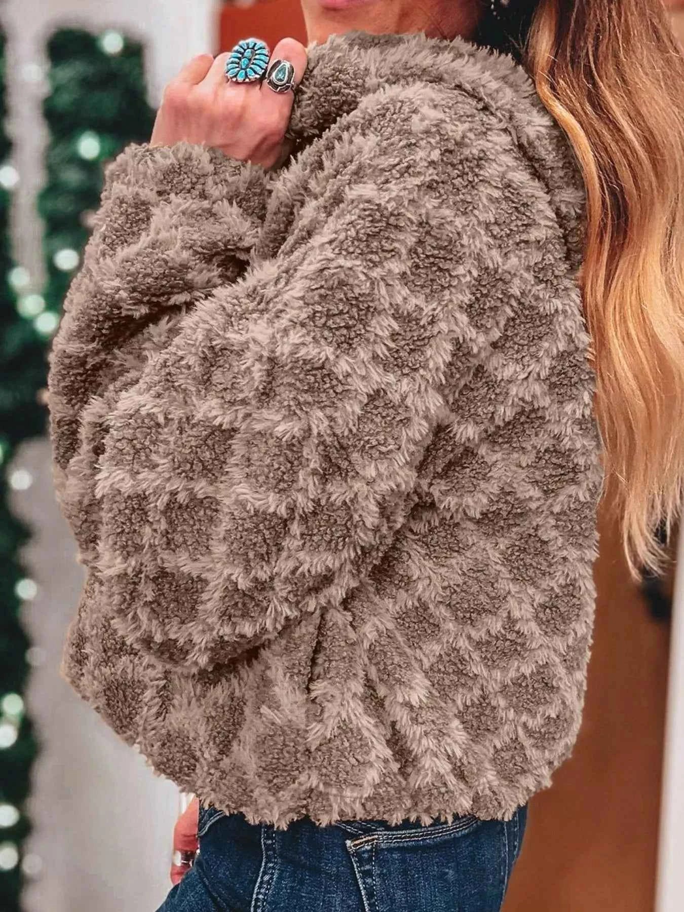 Sherpa Rhombus Zip Up Side Pocket Hooded Jacket