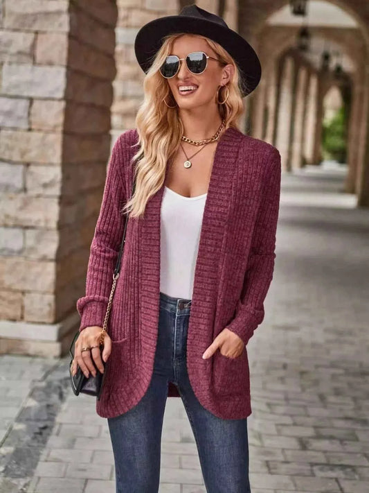 Open Front Ribbed Knit Cardigan
