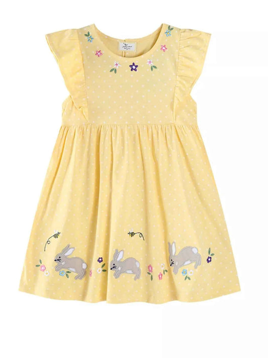 Children's Floral Bunny Embroidered Polka Dot Dress