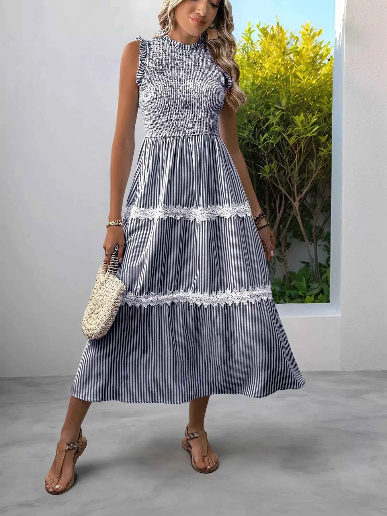 Smocked Striped Lace Trim Sleeveless Midi Dress