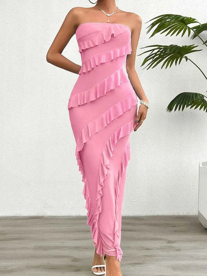Ruffled Slit Back Tube Maxi Dress