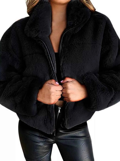 Full Size Faux Fur Cropped Zip-Up Jacket Plus Size