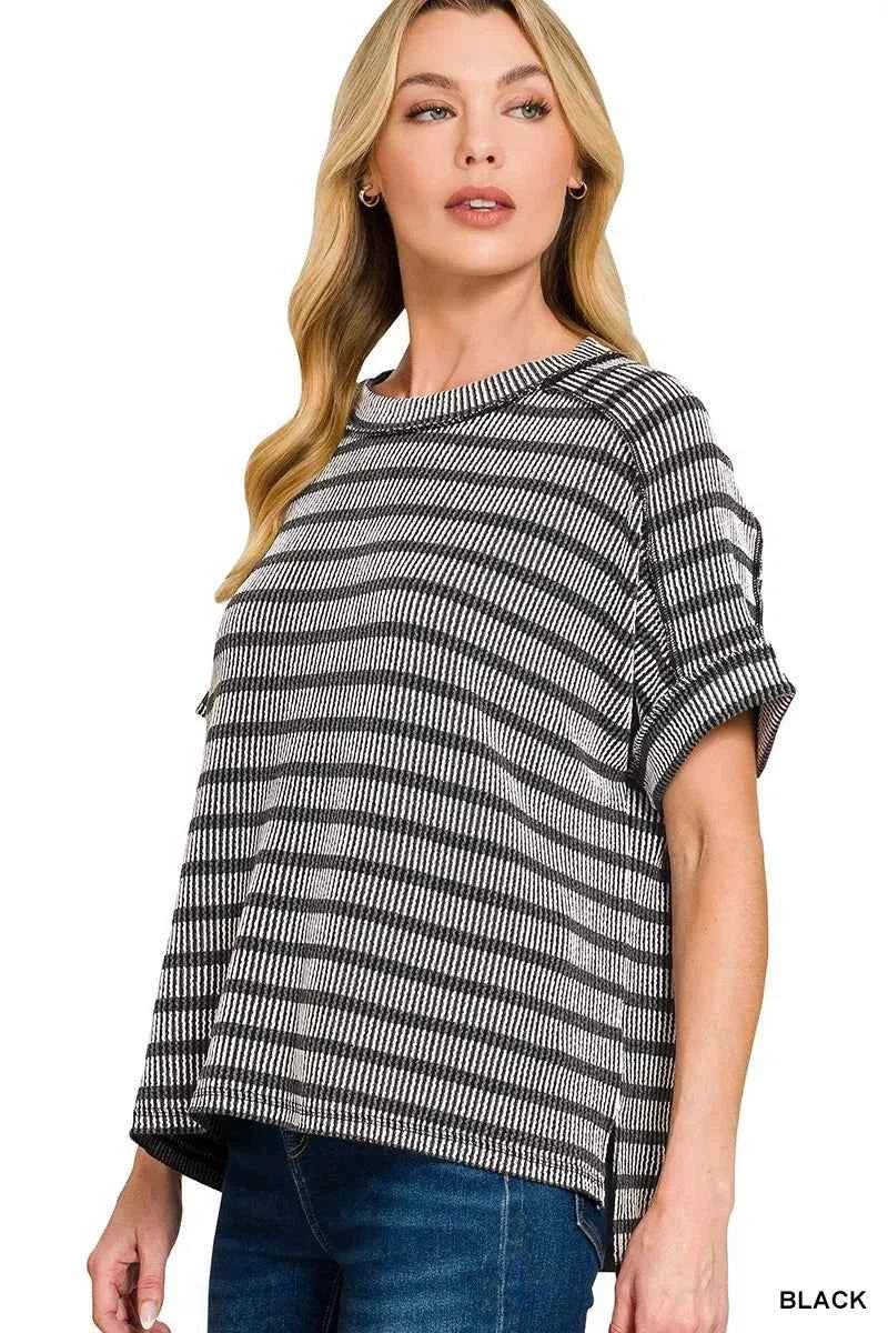Zenana Raised Rib Striped Exposed Seam Top