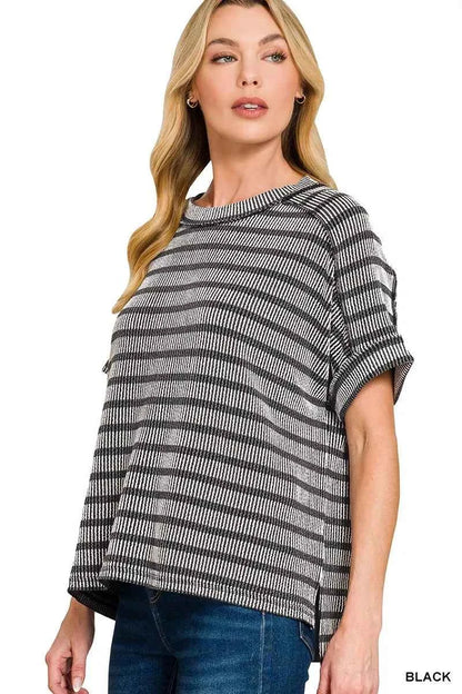 Zenana Raised Rib Striped Exposed Seam Top