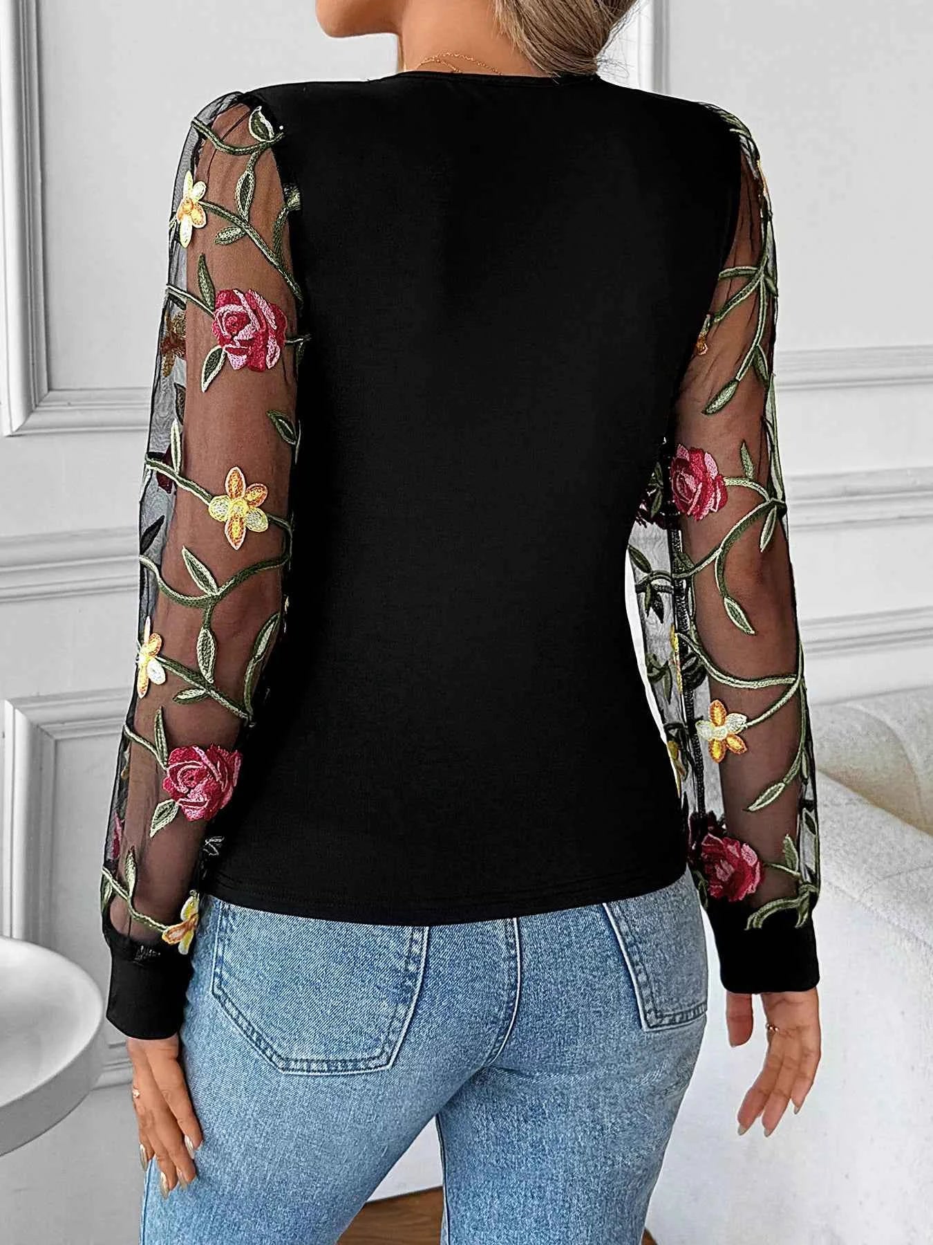 Floral Mesh Sleeve V-Neck Top