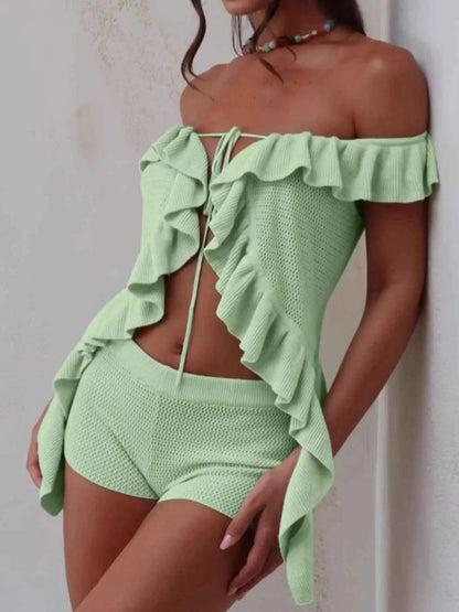Off-Shoulder Ruffle Top and Shorts Sweater Set