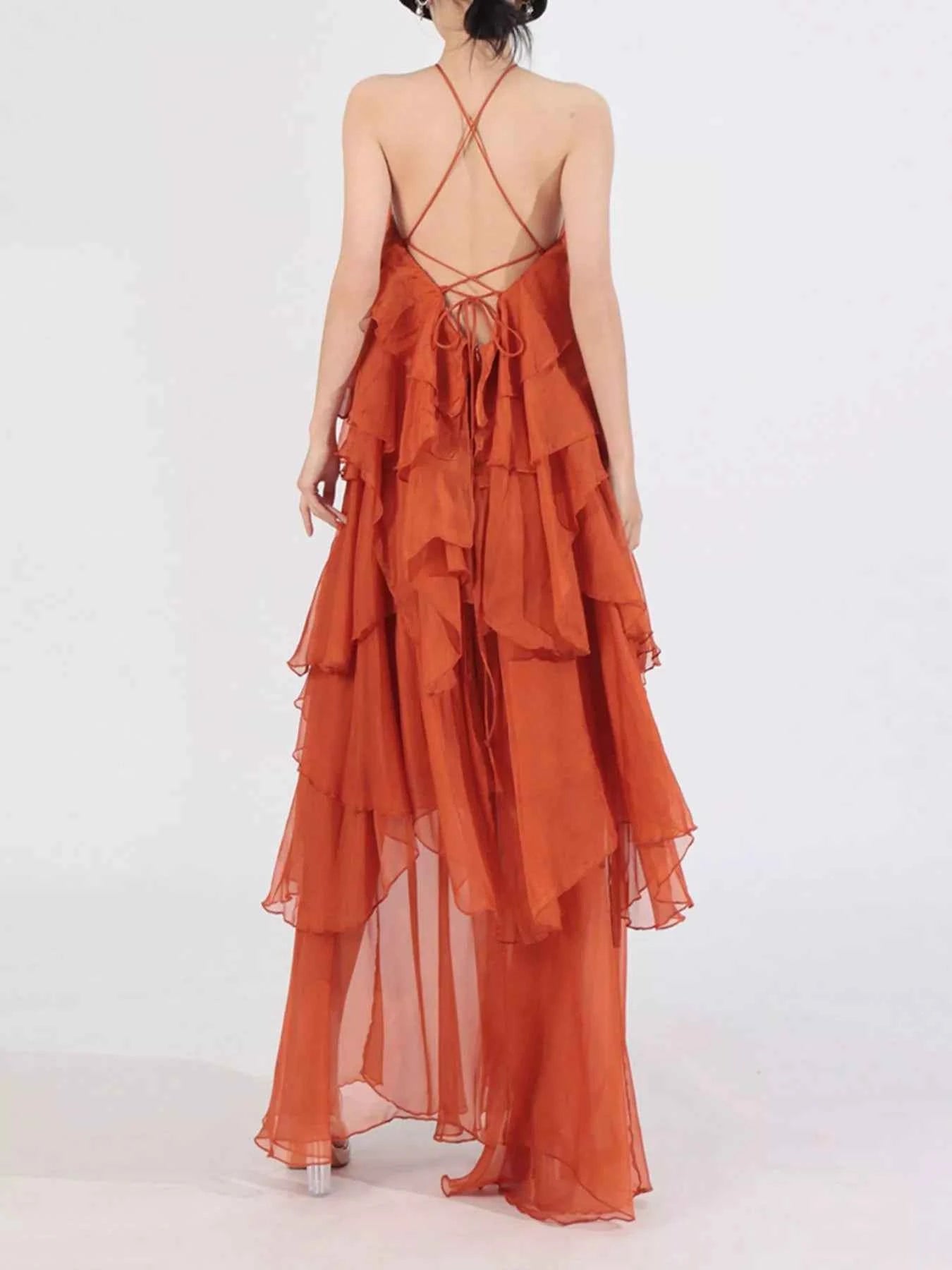 Ruffled Chiffon Halter Neck Maxi Dress