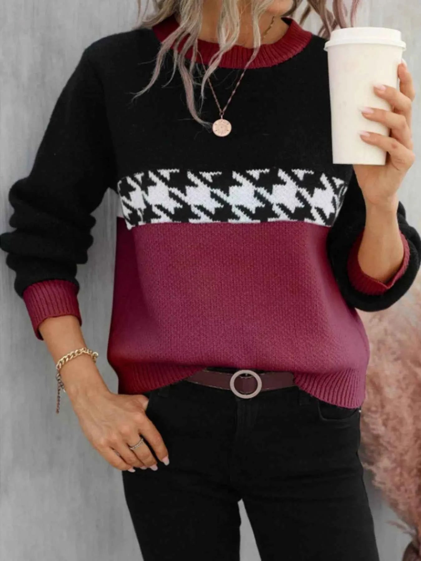 Color Block Houndstooth Sweater
