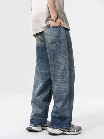 Men's Full Size Vintage Distressed Wide Leg Relaxed Fit Jeans Plus Size