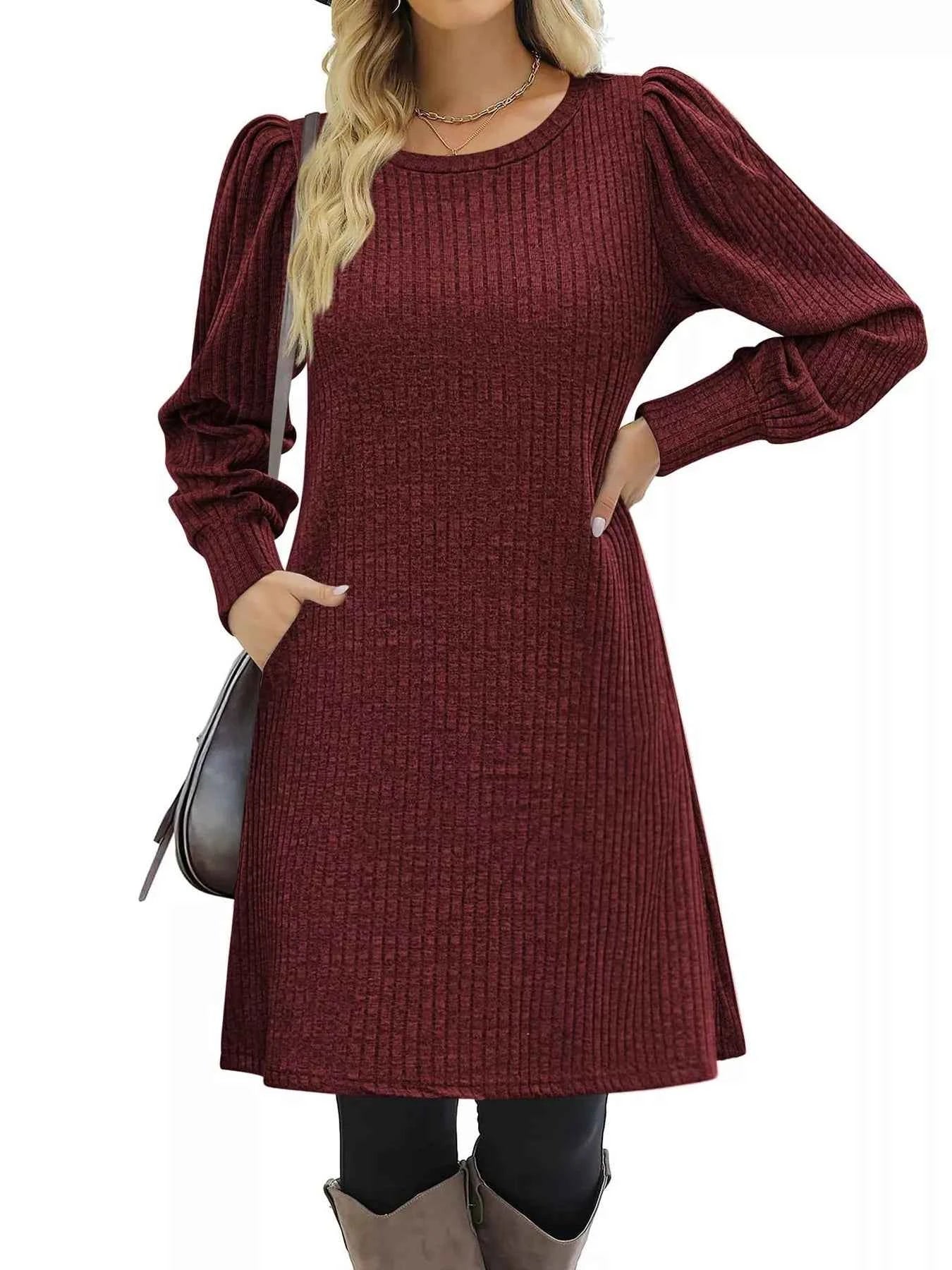 Ribbed Knit Puff Sleeve Casual Mini Dress
