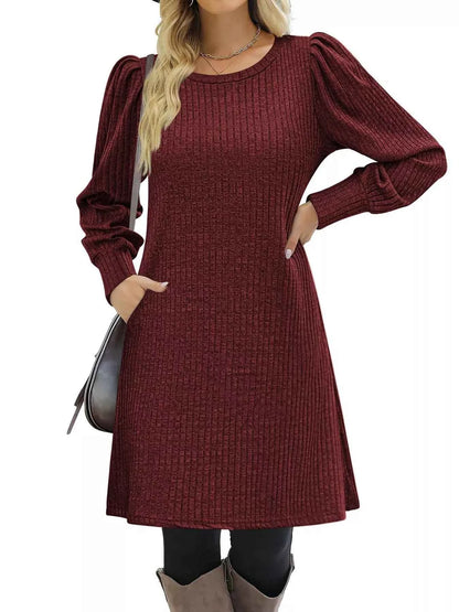 Ribbed Knit Puff Sleeve Casual Mini Dress