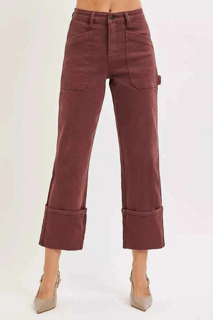 RISEN Full Size High Rise Wide Straight Cuffed Patch Jeans Plus Size