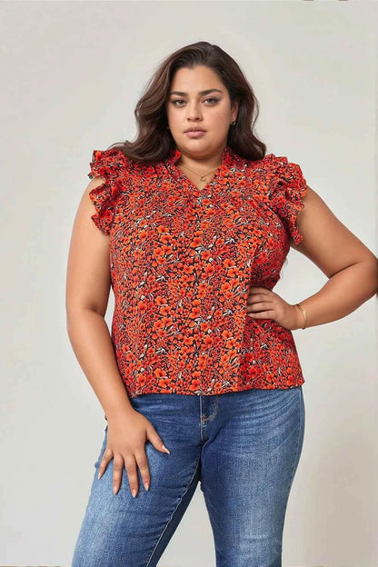 Double Take Floral Flutter Sleeve Notched Neck Blouse