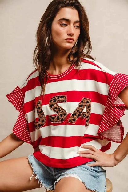 BiBi Stripe Mixed Ruffle Sleeve Top With Leopard Letter