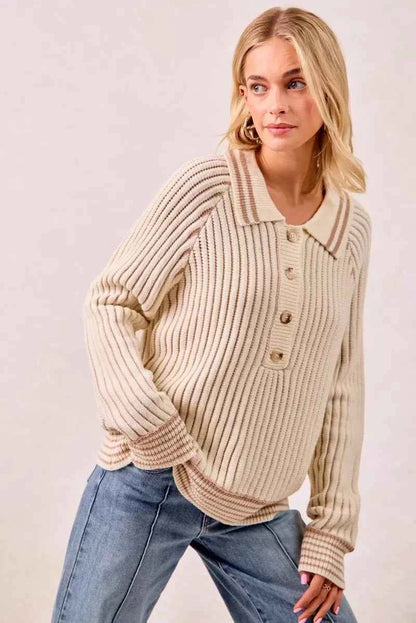 BiBi Half Button Ribbed Two Tone Sweater