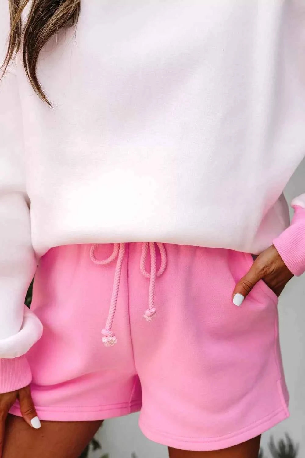 Color Block Sweatshirt and Elastic Waist Shorts Set