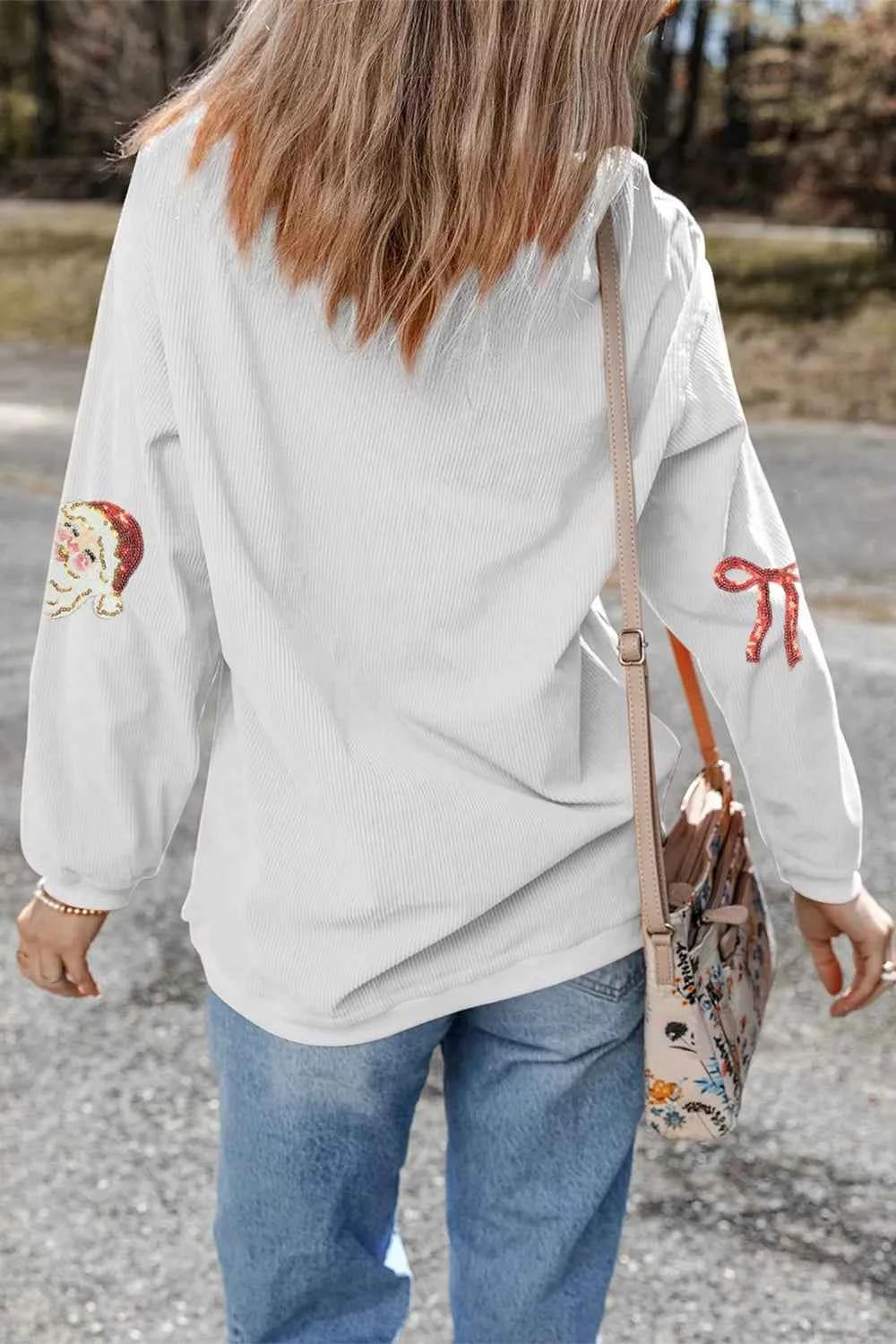 Full Size Corded Rib Sequin Santa Bow Patched Drop Shoulder Sweatshirt Plus Size