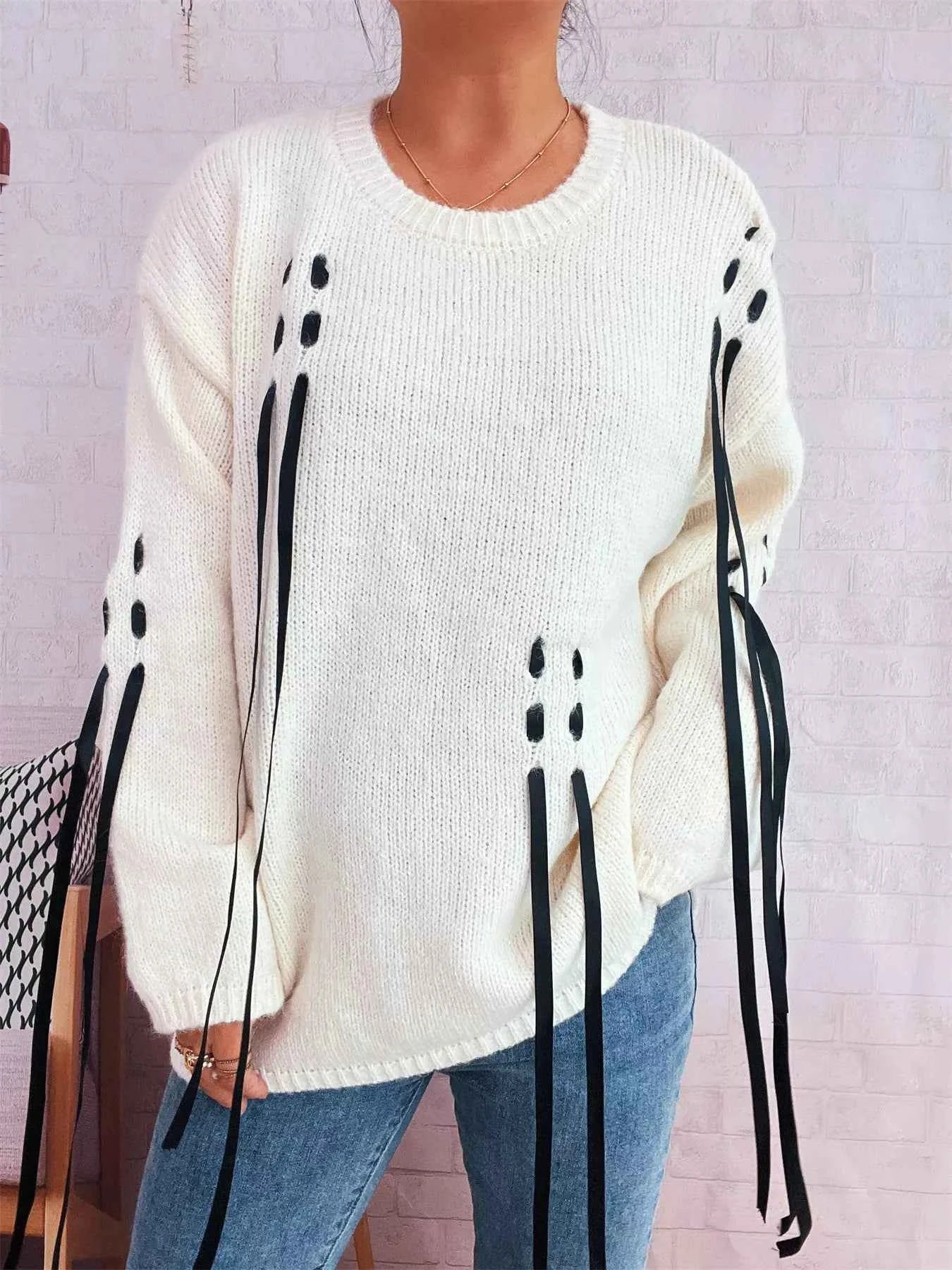 Round Neck Long Sleeve Sweater with Ribbon Details