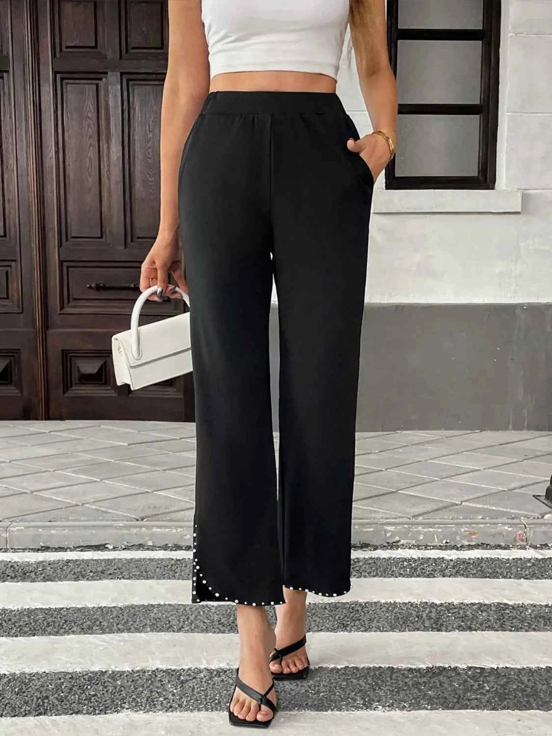 Pearl-Embellished Cropped Wide-Leg Pants