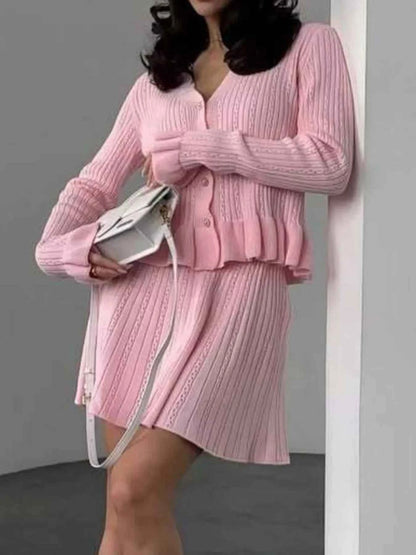 Ruffle Trim Knit Cardigan & Skirt Set