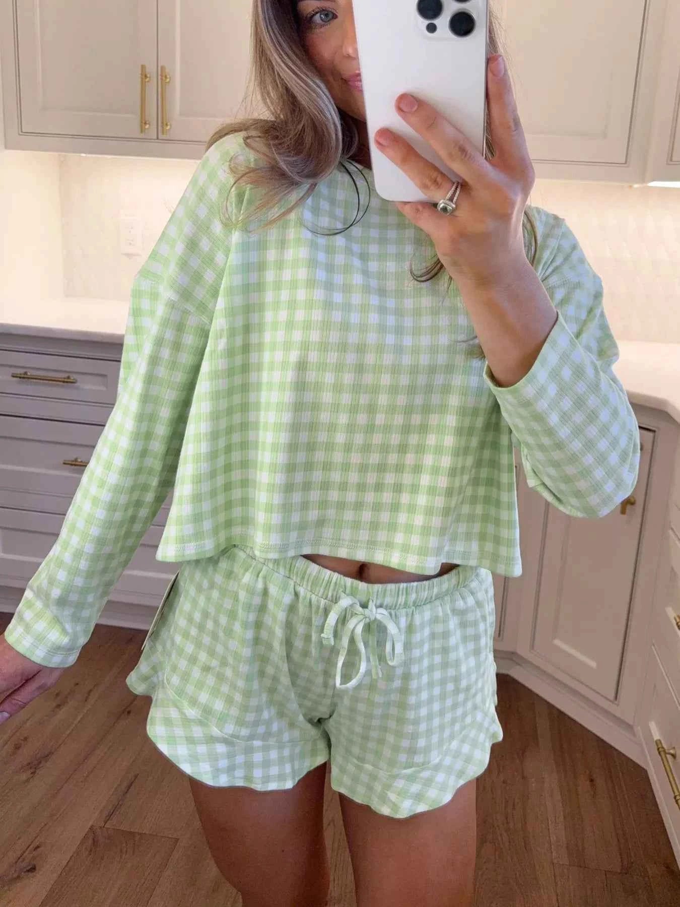 Gingham Print Round Neck Top and Shorts Set
